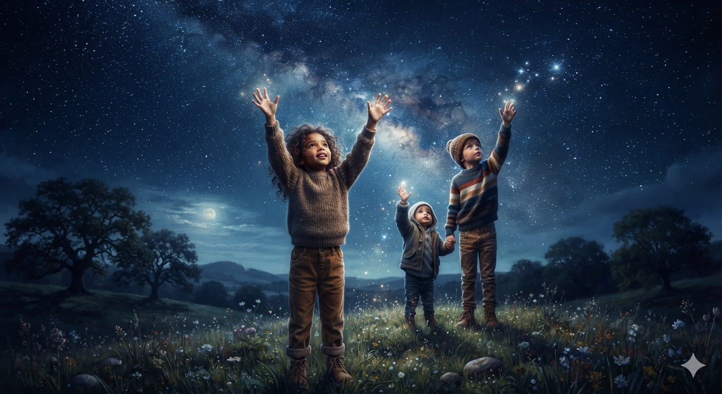 Three children in a wildflower meadow reaching up toward a star-filled night sky.