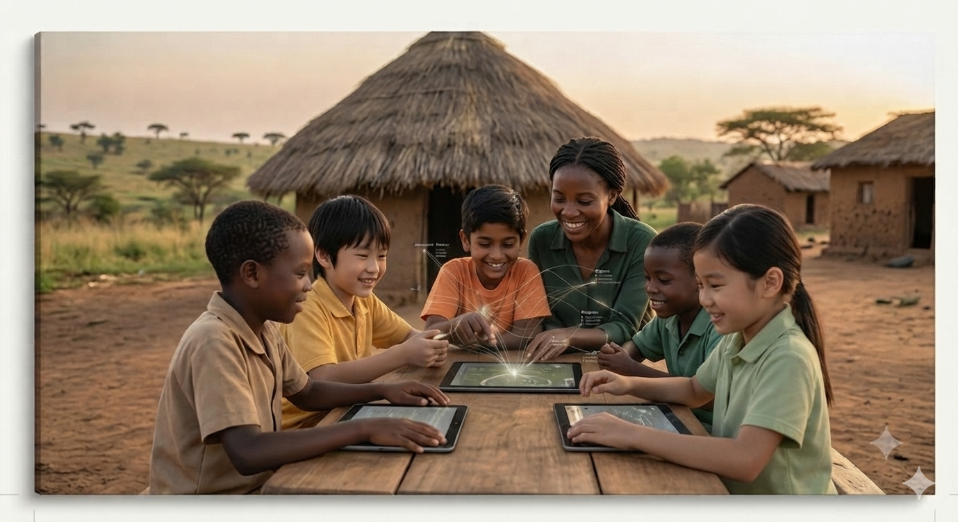 Children and a facilitator gathered around tablets outside a village home at dusk